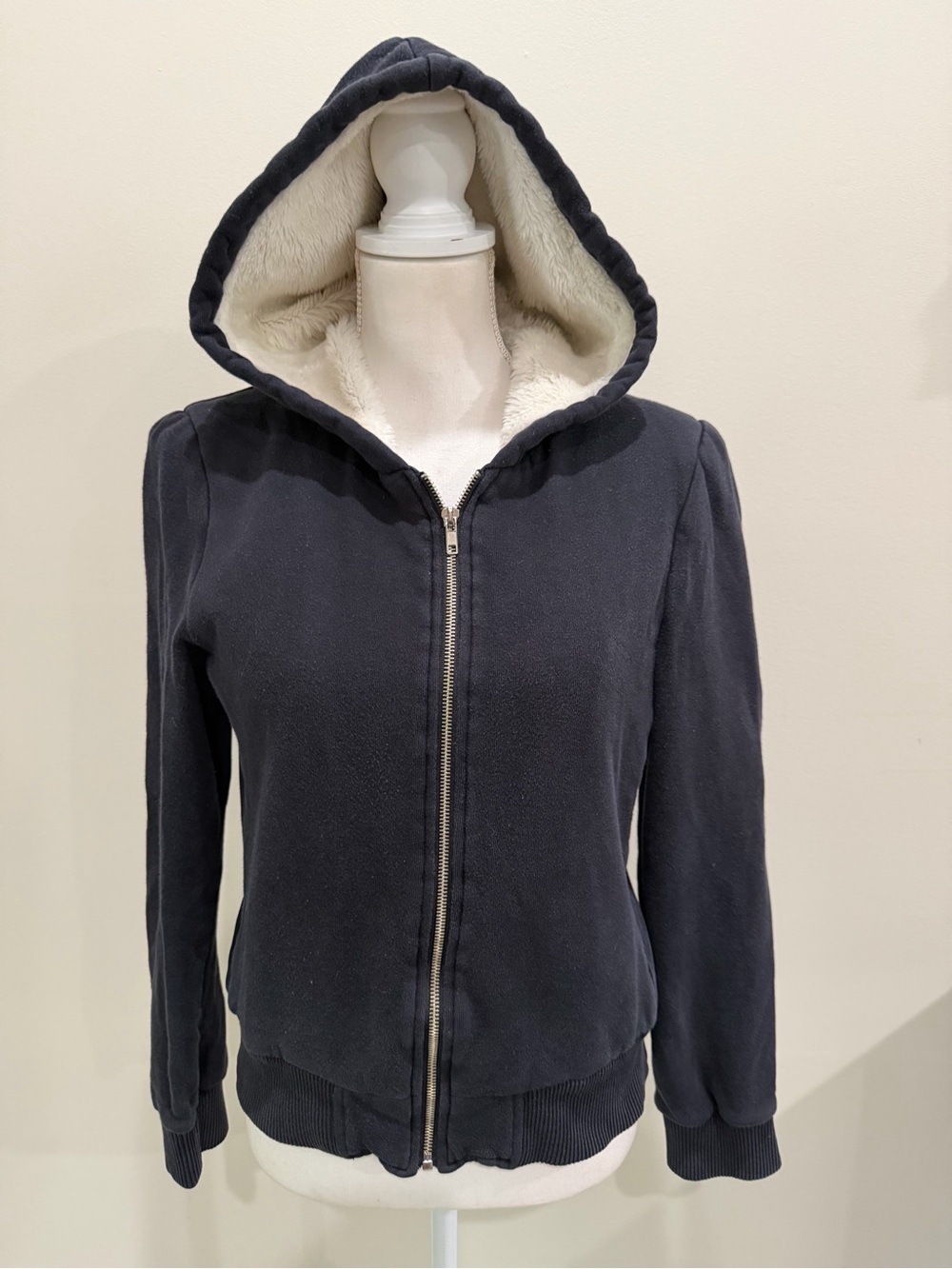 Forever 21 Full Zip Hooded Jacket Women's Large Faux Fur Lined Black Hoodie